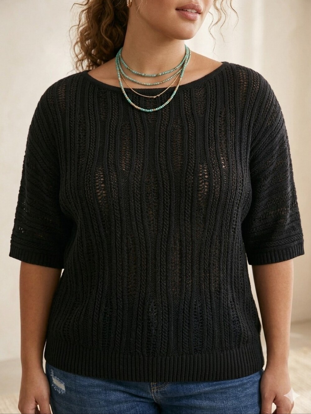 XL Jones New York Black Short-Sleeve Knit Sweater Blouse
